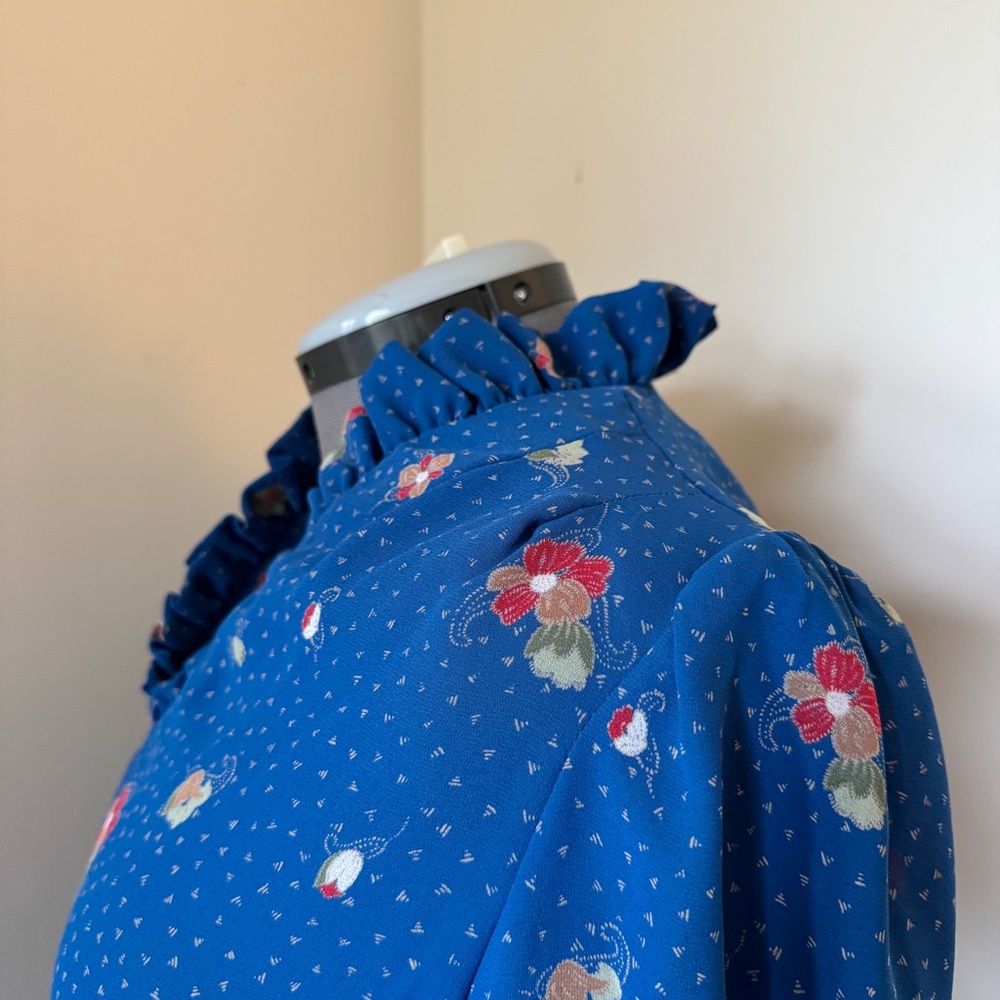 Vintage Tall Girl Prairie Midi Dress Blue Floral Ruffle Collar Size 12 Tall - Picture 12 of 16